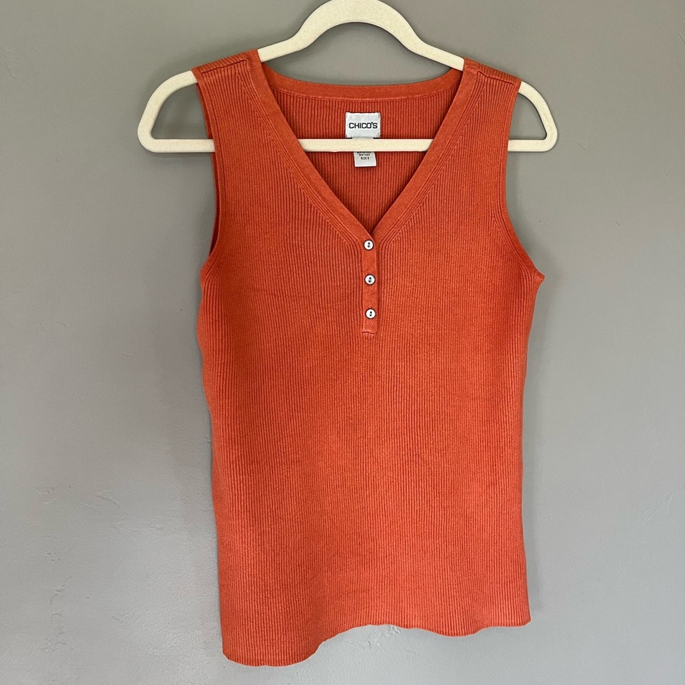 Chico’s Orange V-Neck Buttons Accent Sleeveless Top Size 2